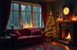 Cozy living room adorned with a Christmas tree and glowing fireplace on a winter evening photo