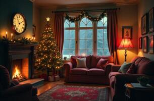 Warm holiday living room decorated with a Christmas tree, glowing fireplace, and inviting ambiance during winter evening photo