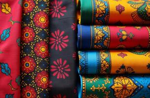 Vibrant traditional fabrics showcasing intricate patterns in a colorful display at a local market on a sunny day photo