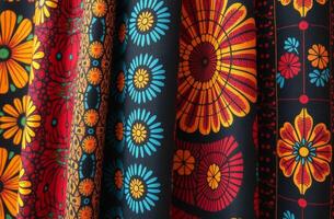 Brightly colored fabric with floral patterns hanging in a display showcasing vibrant textile designs photo