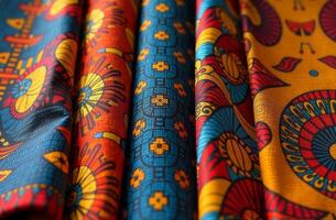 Vibrant textiles showcasing intricate patterns and colors in a bright marketplace setting during daylight hours photo