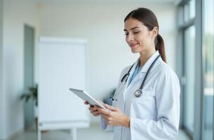 A healthcare professional reviews patient information on a tablet while standing in a bright medical office during office hours photo