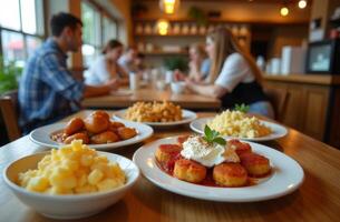 Group of friends enjoying lunch together at a cozy restaurant with a variety of delicious dishes served at a wooden table photo