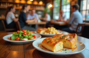 A vibrant gathering at a restaurant showcasing delicious dishes and lively conversations among diners during lunch hours photo