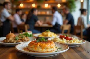Delicious dishes served at a bustling restaurant table with patrons enjoying their meals in a warm and inviting atmosphere photo