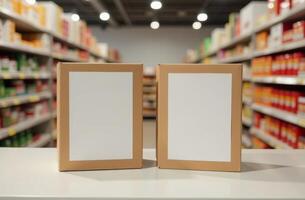 Two blank product boxes placed on a store shelf with colorful items in the background during daytime shopping photo