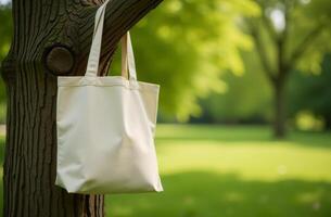 A simple tote bag hangs from a tree branch in a sunny park surrounded by green grass and trees on a bright afternoon photo