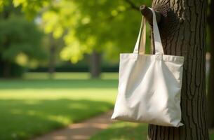 A simple white tote bag hanging from a tree branch in a sunny park during the afternoon photo