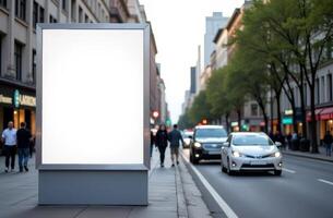 Blank advertising display on busy city street in the evening with pedestrians and cars passing by photo