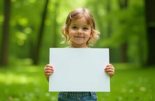 Young child holding a blank white sign in a lush green park during daytime, smiling at the camera with soft sunlight filtering through trees photo