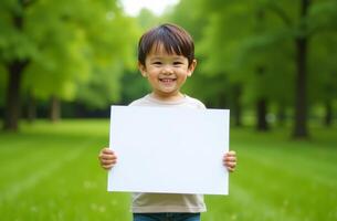 Young child smiles brightly while holding a blank sign in a lush green park on a sunny day photo