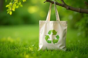 A reusable tote bag with a recycling symbol rests on grass under a tree in a vibrant green park during daylight hours photo