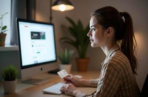 Woman engaged in online shopping at home while holding a credit card in a cozy workspace with plants in the evening light photo