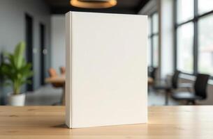 A blank hardcover book on a wooden table in a modern office space with large windows and a cozy atmosphere photo