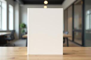 A blank notebook sits on a wooden table in a modern office space surrounded by large windows and greenery during daylight photo