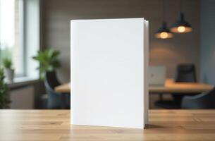 A blank notebook sits on a wooden table in a modern workspace with plants and warm lighting during the day photo