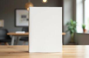 Simple blank notebook on a wooden table in a modern workspace with natural light photo