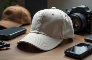 A neutral beige cap rests on a wooden table surrounded by a camera and smartphones during a creative workspace session photo