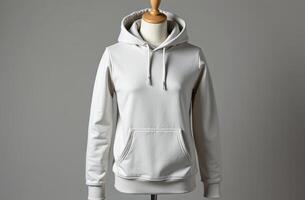 Stylish white hoodie displayed on a mannequin in a minimalist setting showcasing contemporary fashion design photo