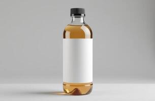 A clear bottle filled with golden liquid sits against a light gray background, featuring a blank label, perfect for branding or product design photo