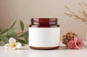 Aesthetic amber jar with blank label surrounded by delicate flowers and greenery on a light background photo