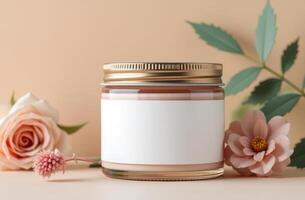 Aesthetic candle jar with blank label surrounded by fresh flowers on a pastel background photo