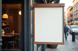 Blank menu board outside a cozy cafe on a quiet street during the evening, inviting passersby to explore its offerings photo