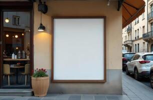 Blank advertising space on a cafe exterior with plants, located on a city street, in the afternoon sunlight photo