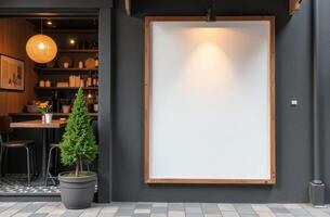 Artistic blank canvas on a restaurant exterior with a cozy interior visible, showcasing creative potential in a lively urban setting photo