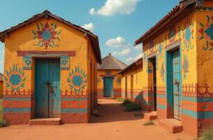 Vibrantly painted traditional houses in a colorful village during a sunny day in a rural area photo