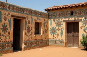 Colorful traditional architecture with intricate floral designs in a warm desert setting during a clear day photo