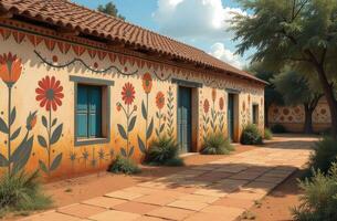 Colorful wall murals adorn traditional houses along a sunny path in a scenic village setting filled with nature photo