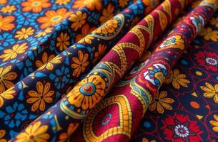 Vibrant collection of floral patterned fabrics displayed elegantly in intricate designs with rich colors and textures photo