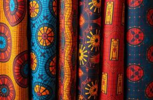 Vibrant collection of traditional fabric showcasing intricate patterns and vivid colors at a cultural market photo