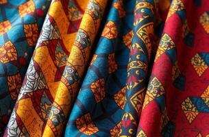 Vibrant patterned fabrics showcasing intricate designs in warm colors and rich textures draped elegantly photo