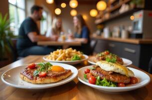 Delicious brunch dishes served at a cozy restaurant while friends enjoy conversation and time together photo