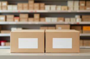 Brown cardboard boxes placed on a table in a storage area filled with neatly arranged packages and products during daytime photo