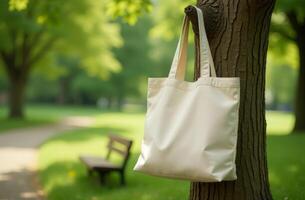 A simple tote bag hangs from a tree branch in a serene park during a sunny afternoon, surrounded by green leaves and pathways photo