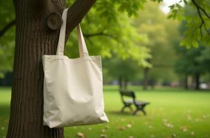 A simple canvas tote bag hangs from a tree branch in a green park during a sunny day photo