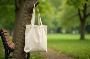 A canvas tote bag hanging from a tree branch in a peaceful park setting during a sunny day photo
