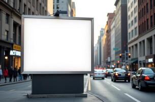 Empty advertising billboard on a busy city street with cars passing by during daytime photo