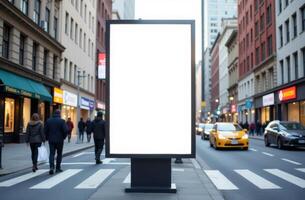 Blank advertising billboard on a busy city street with pedestrians and yellow taxis during daylight hours photo