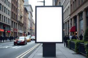 A blank advertising billboard stands on a bustling city street surrounded by pedestrians and vehicles during daylight hours photo