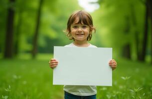 Young child smiles while holding a blank sign in a vibrant green forest during daylight hours photo