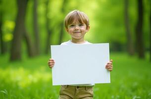 Young boy smiling while holding a blank sign in a lush green park during a sunny day photo