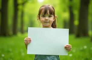A young girl holds a blank sign in a lush green park during a sunny day surrounded by trees photo