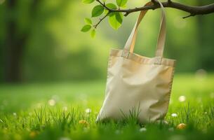 A beige tote bag hanging from a tree branch in a lush green park during a sunny afternoon photo