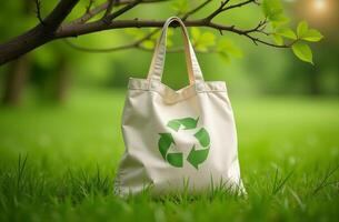 Eco-friendly tote bag with recycling symbol resting on lush green grass under a tree on a sunny day photo