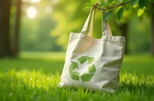 Eco-friendly tote bag with a recycling symbol resting on lush grass in a sunlit park during springtime photo