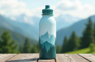 A mountain-themed water bottle rests on a wooden table with a stunning mountain landscape in the background on a sunny day photo